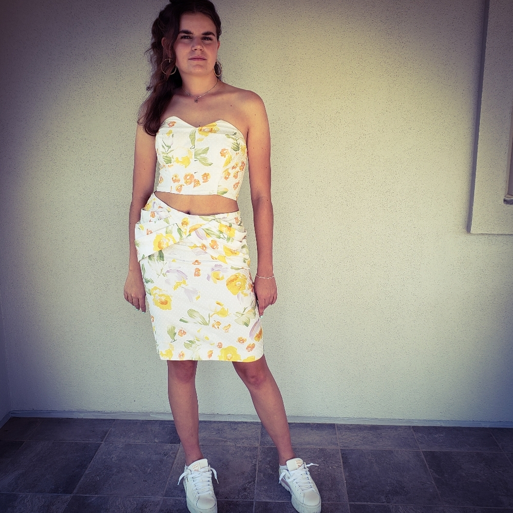Vintage 80s Reworked Rimini Floral Polka Dot Draped Bustle 2pc Dress